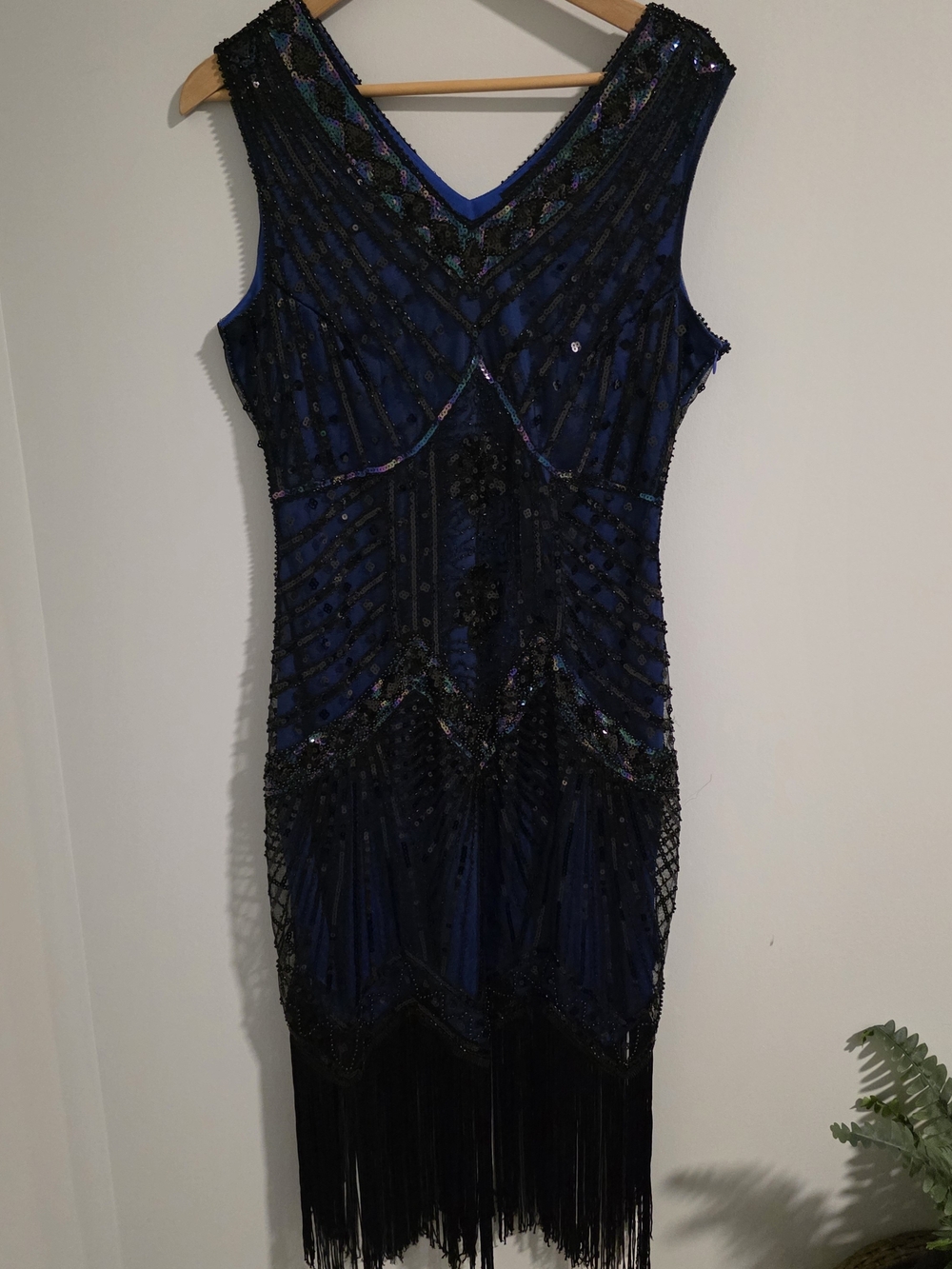 BABEYOND Blue Black Sequin Beaded Fringe Flapper Dress Size L Gatsby 1920s